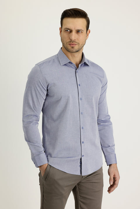 Medium Navy Long Sleeve Slim Fit Narrow Cut Classic Patterned Cotton Shirt