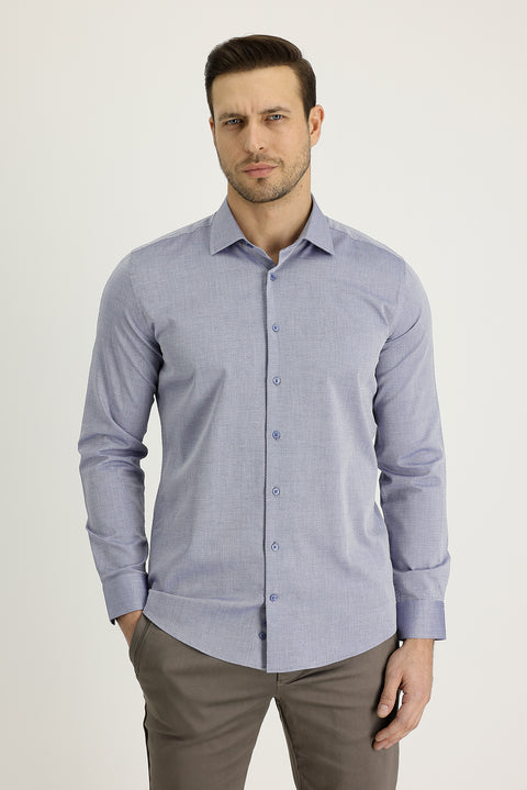 Medium Navy Long Sleeve Slim Fit Narrow Cut Classic Patterned Cotton Shirt