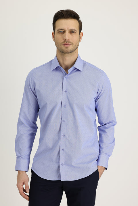 Light Blue Long Sleeve Slim Fit Narrow Cut Classic Patterned Cotton Shirt