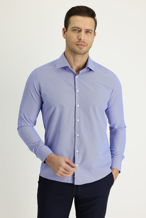 Medium Navy Long Sleeve Slim Fit Narrow Cut Classic Patterned Cotton Easy-Iron Shirt