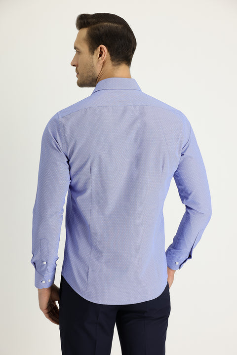 Medium Navy Long Sleeve Slim Fit Narrow Cut Classic Patterned Cotton Easy-Iron Shirt