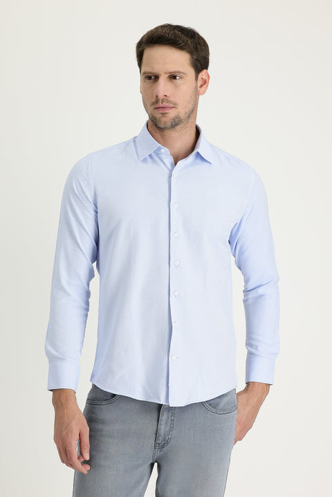 Light Blue Long Sleeve Slim Fit Narrow Cut Classic Patterned Cotton Easy-Iron Shirt