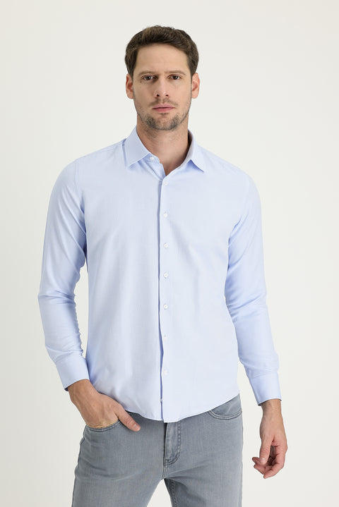Light Blue Long Sleeve Slim Fit Narrow Cut Classic Patterned Cotton Easy-Iron Shirt