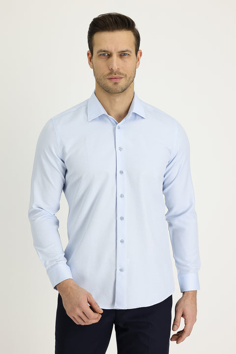 Light Blue Long Sleeve Slim Fit Narrow Cut Classic Patterned Cotton Easy-Iron Shirt