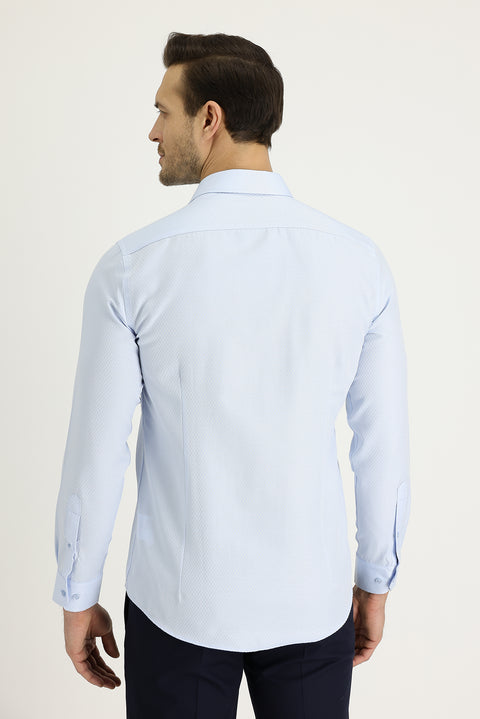 Light Blue Long Sleeve Slim Fit Narrow Cut Classic Patterned Cotton Easy-Iron Shirt