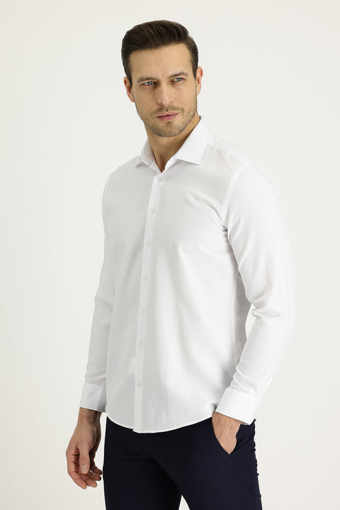 White Long Sleeve Slim Fit Narrow Cut Classic Patterned Cotton Easy Iron Shirt