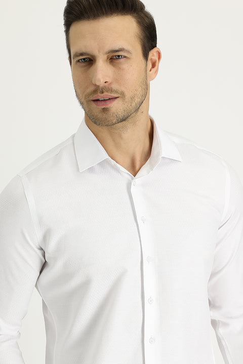 White Long Sleeve Slim Fit Narrow Cut Classic Patterned Cotton Easy Iron Shirt