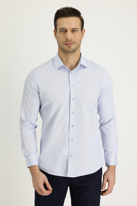 Light Blue Long Sleeve Slim Fit Narrow Cut Classic Patterned Cotton Easy-Iron Shirt