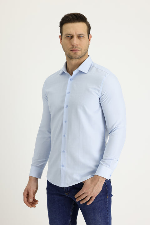 Uçuk Mavi Uzun Kol Slim Fit Dar Kesim Klasik Desenli Pamuklu Kolay Ütülenebilir Gömlek