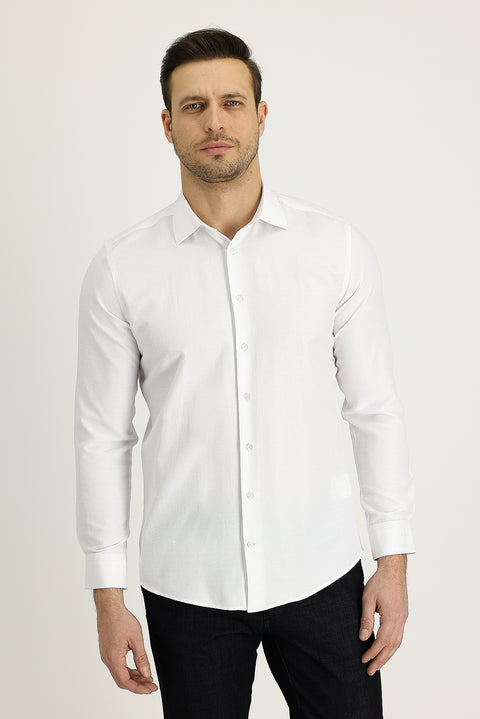 White Long Sleeve Slim Fit Narrow Cut Classic Patterned Cotton Easy Iron Shirt