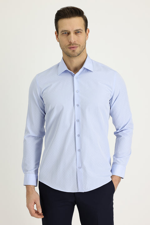 Light Blue Long Sleeve Slim Fit Narrow Cut Classic Patterned Cotton Easy-Iron Shirt