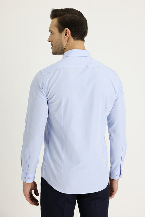 Light Blue Long Sleeve Slim Fit Narrow Cut Classic Patterned Cotton Easy-Iron Shirt