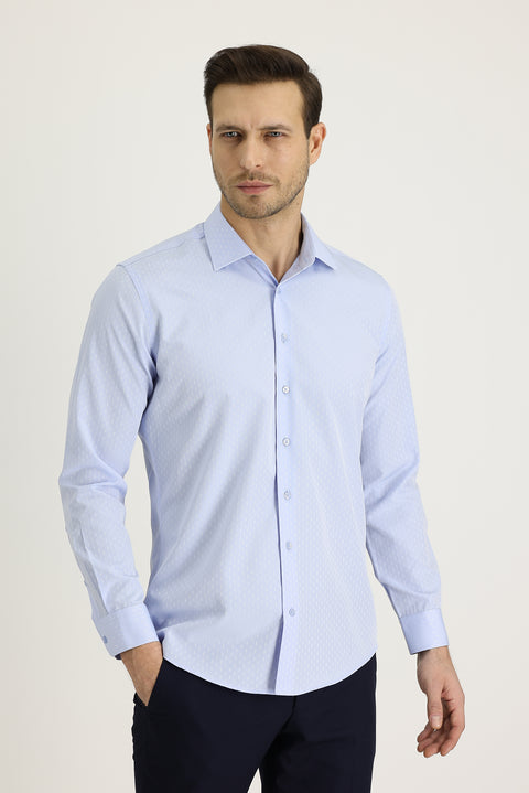 Light Blue Long Sleeve Slim Fit Narrow Cut Classic Patterned Cotton Easy-Iron Shirt