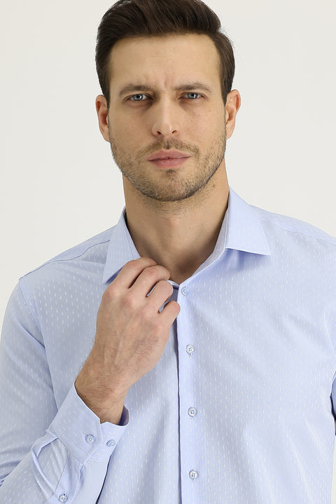 Light Blue Long Sleeve Slim Fit Narrow Cut Classic Patterned Cotton Easy-Iron Shirt
