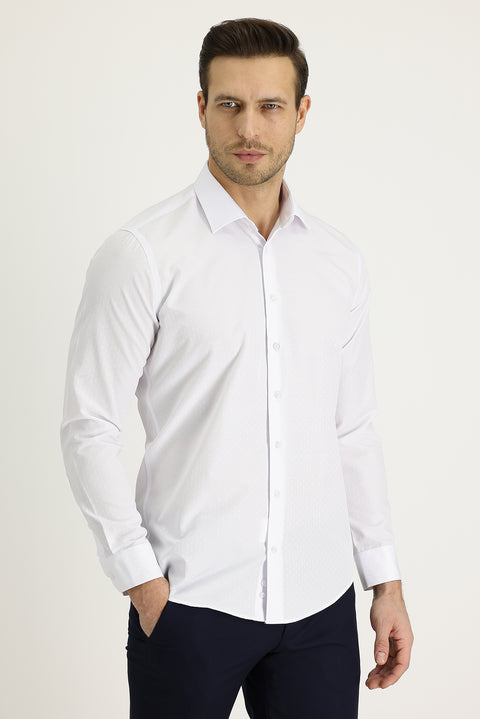 White Long Sleeve Slim Fit Narrow Cut Classic Patterned Cotton Easy Iron Shirt