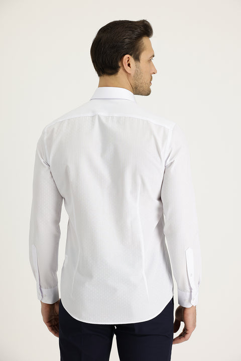 White Long Sleeve Slim Fit Narrow Cut Classic Patterned Cotton Easy Iron Shirt