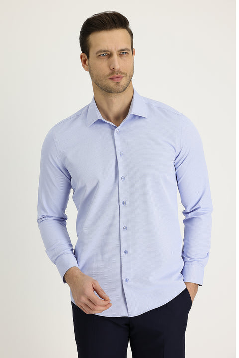 Light Blue Long Sleeve Slim Fit Narrow Cut Classic Patterned Cotton Easy Iron Shirt