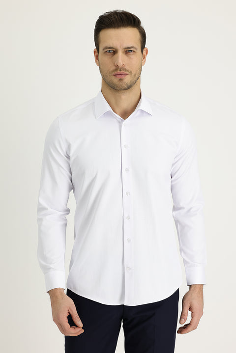 White Long Sleeve Slim Fit Narrow Cut Classic Patterned Cotton Easy Iron Shirt