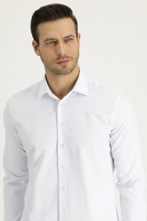 White Long Sleeve Slim Fit Narrow Cut Classic Patterned Cotton Easy Iron Shirt