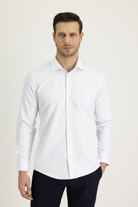 Beyaz Uzun Kol Slim Fit Dar Kesim Klasik Desenli Pamuklu Kolay Ütülenebilir Gömlek
