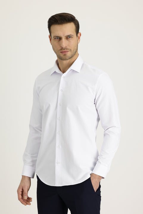 Beyaz Uzun Kol Slim Fit Dar Kesim Klasik Desenli Pamuklu Kolay Ütülenebilir Gömlek