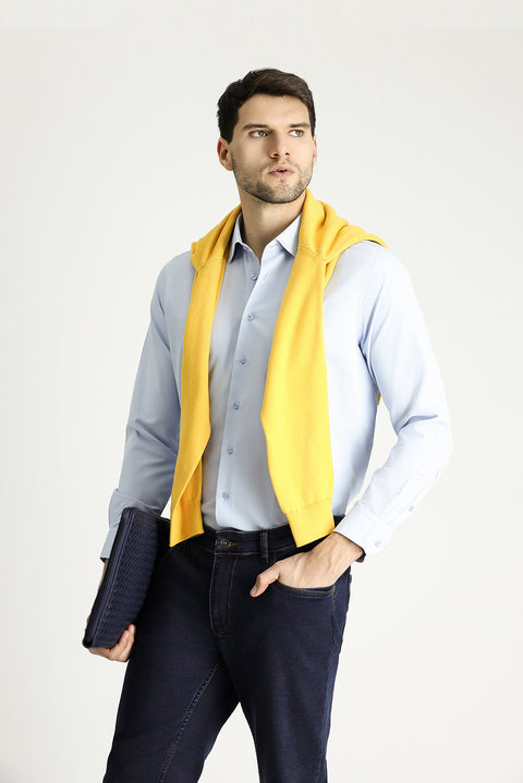 Light Blue Long Sleeve Slim Fit Narrow Cut Classic Patterned Cotton Shirt