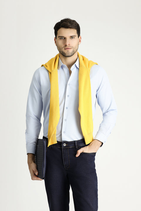 Light Blue Long Sleeve Slim Fit Narrow Cut Classic Patterned Cotton Shirt