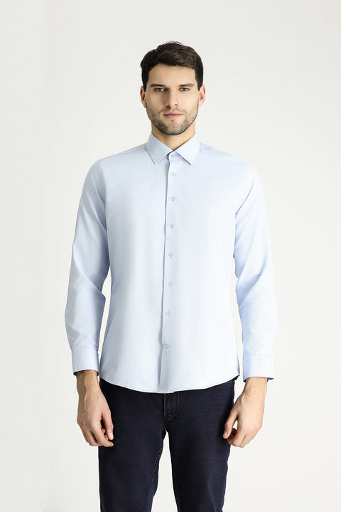 Light Blue Long Sleeve Slim Fit Narrow Cut Classic Patterned Cotton Shirt