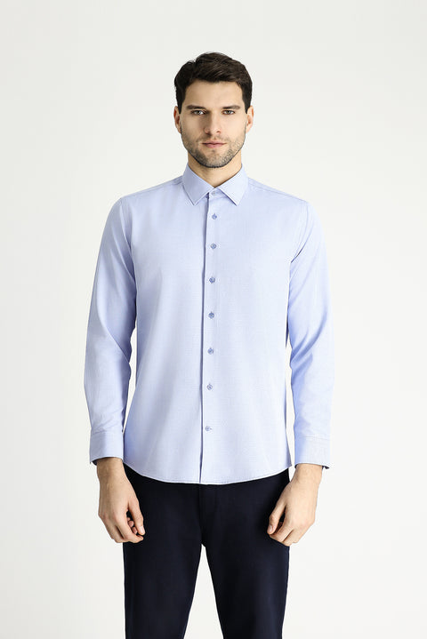 Light Blue Long Sleeve Slim Fit Narrow Cut Classic Patterned Cotton Easy Iron Shirt