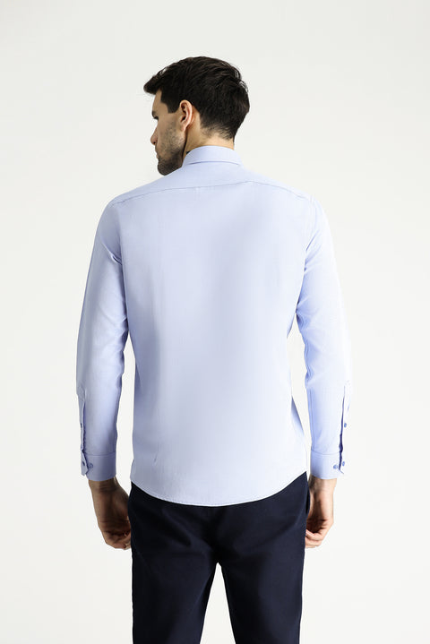 Light Blue Long Sleeve Slim Fit Narrow Cut Classic Patterned Cotton Easy Iron Shirt