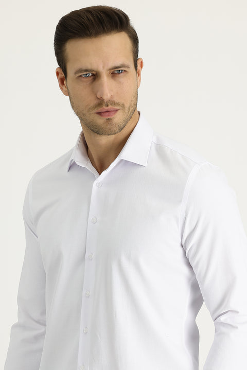 White Long Sleeve Slim Fit Narrow Cut Classic Patterned Cotton Easy Iron Shirt