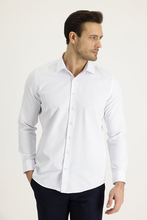 White Long Sleeve Slim Fit Narrow Cut Classic Patterned Cotton Easy Iron Shirt