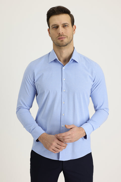 Light Blue Long Sleeve Slim Fit Narrow Cut Classic Patterned Cotton Easy Iron Shirt
