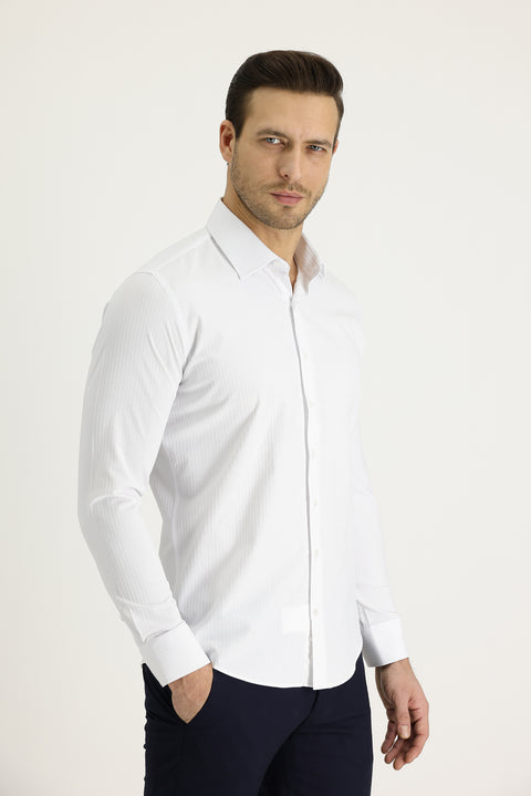 White Long Sleeve Slim Fit Narrow Cut Classic Patterned Cotton Easy Iron Shirt