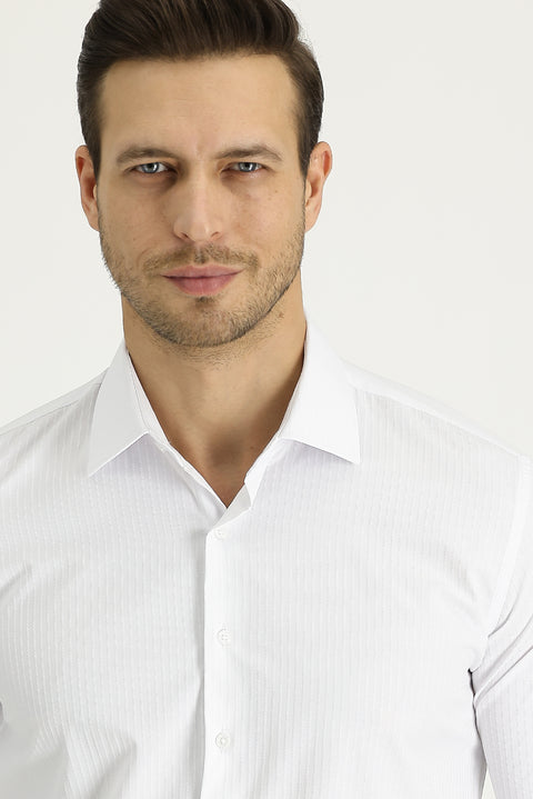 White Long Sleeve Slim Fit Narrow Cut Classic Patterned Cotton Easy Iron Shirt