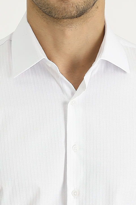 White Long Sleeve Slim Fit Narrow Cut Classic Patterned Cotton Easy Iron Shirt
