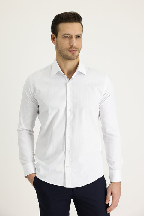White Long Sleeve Slim Fit Narrow Cut Classic Patterned Cotton Easy Iron Shirt