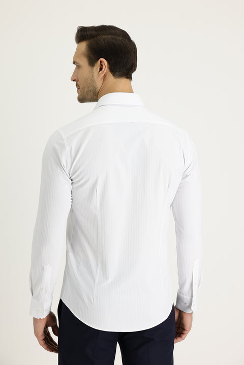 White Long Sleeve Slim Fit Narrow Cut Classic Patterned Cotton Easy Iron Shirt