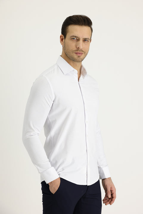 White Long Sleeve Slim Fit Narrow Cut Classic Patterned Cotton Easy Iron Shirt
