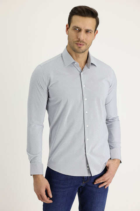 Medium Navy Long Sleeve Slim Fit Narrow Cut Classic Patterned Cotton Easy-Iron Shirt