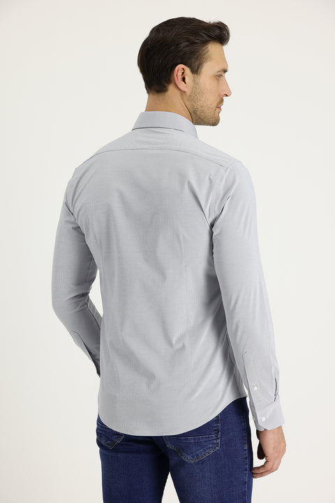 Medium Navy Long Sleeve Slim Fit Narrow Cut Classic Patterned Cotton Easy-Iron Shirt