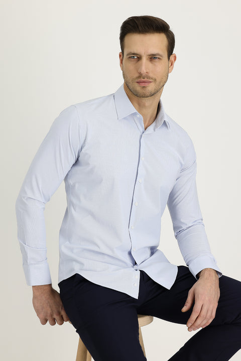 Dark Blue Long Sleeve Slim Fit Narrow Cut Classic Patterned Cotton Easy Iron Shirt