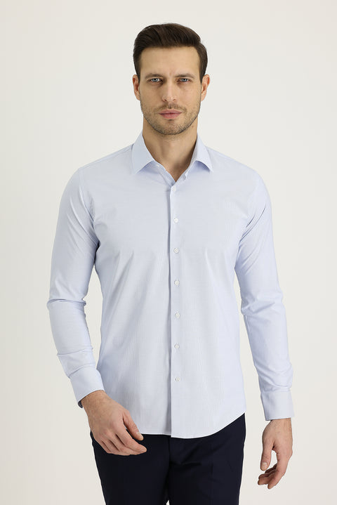 Dark Blue Long Sleeve Slim Fit Narrow Cut Classic Patterned Cotton Easy Iron Shirt