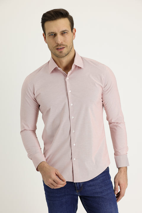Light Red Long Sleeve Slim Fit Narrow Cut Classic Patterned Cotton Easy Iron Shirt