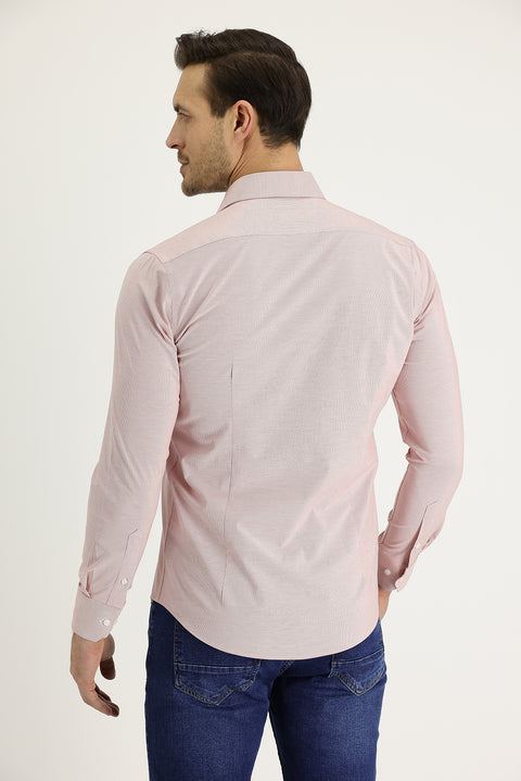 Light Red Long Sleeve Slim Fit Narrow Cut Classic Patterned Cotton Easy Iron Shirt