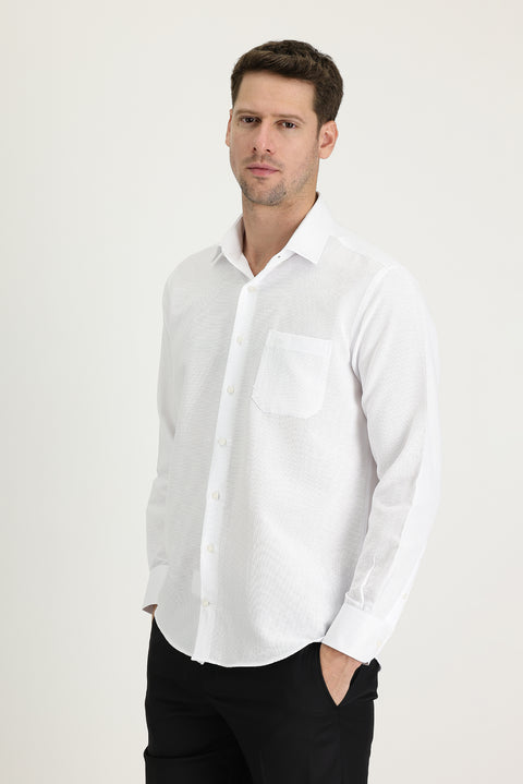 White Long-Sleeve Classic Patterned Cotton Easy-Iron Shirt