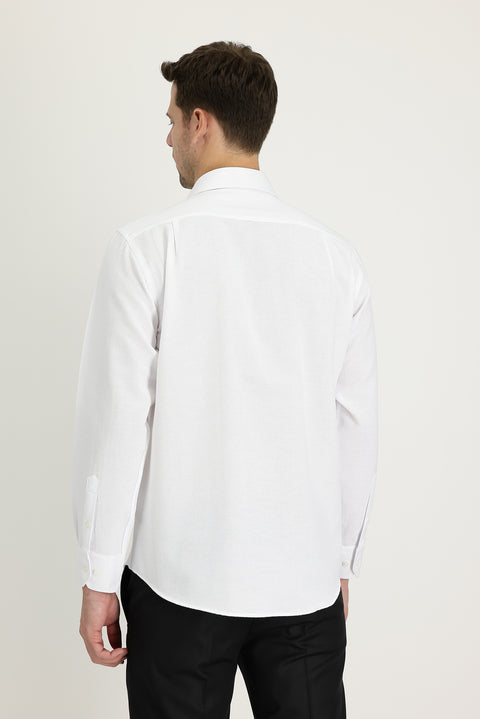 White Long-Sleeve Classic Patterned Cotton Easy-Iron Shirt