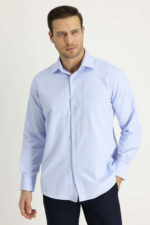 Light Blue Long Sleeve Classic Patterned Cotton Easy-Iron Shirt