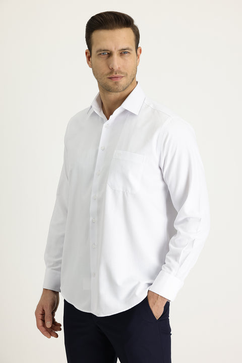 White Long-Sleeve Classic Patterned Cotton Easy-Iron Shirt