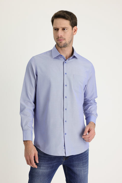 Blue Long-Sleeve Classic Patterned Cotton Easy-Iron Shirt